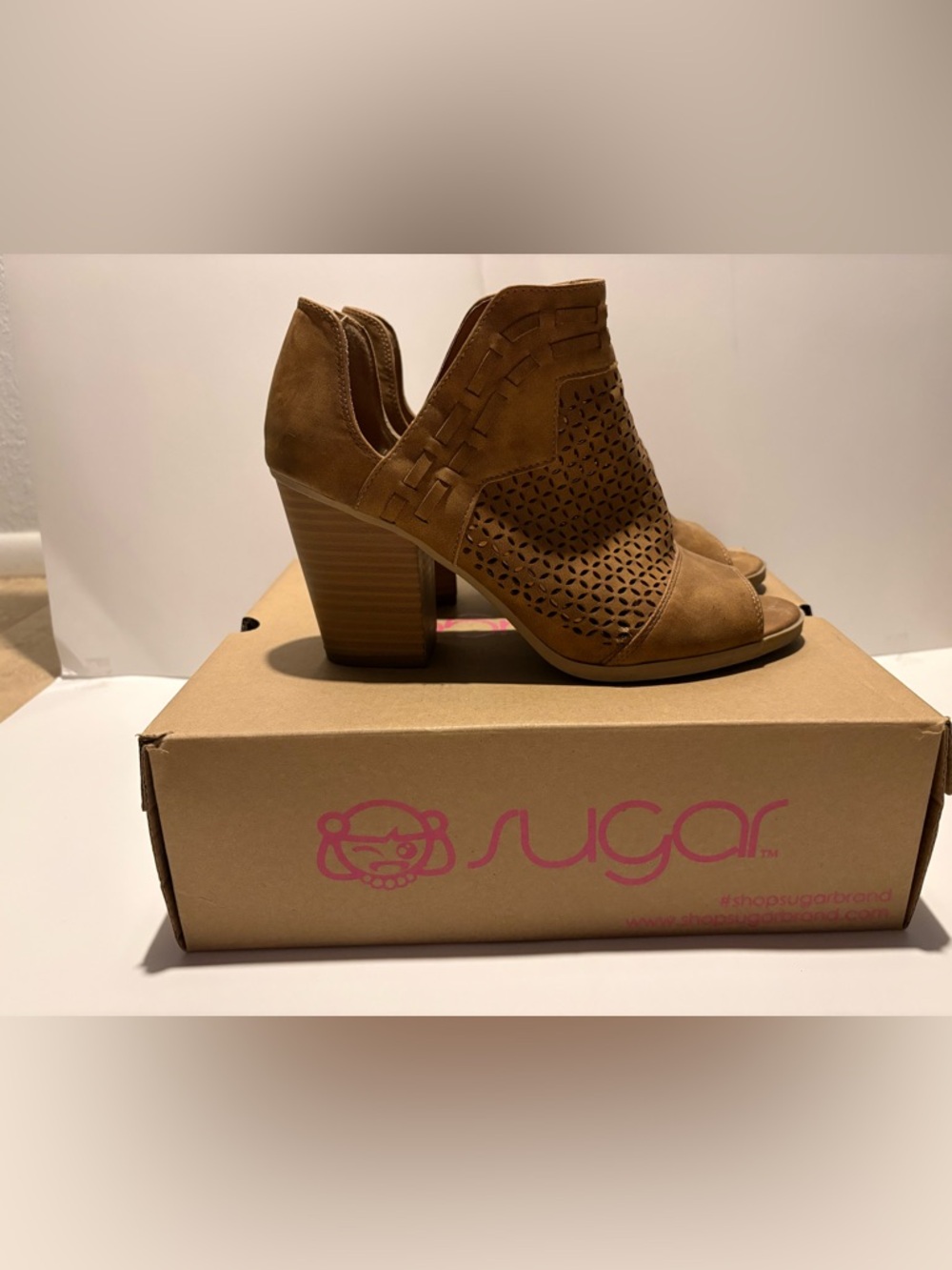 Sugar Tan Suede-Look Peep Toe Cutout Block Heel Booties